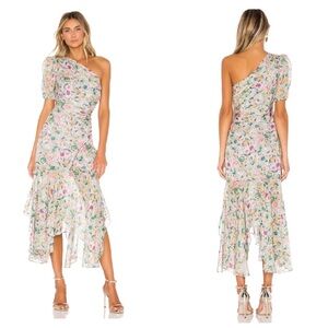 AMUR x REVOLVE Laura Lilac Floral 100% Silk One Shoulder Ruched Midi Dress